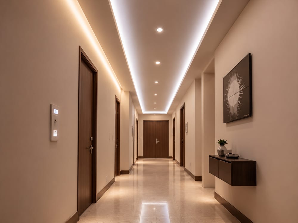 Controsoffitto in cartongesso con illuminazione LED a incasso in un corridoio, in Canton Ticino