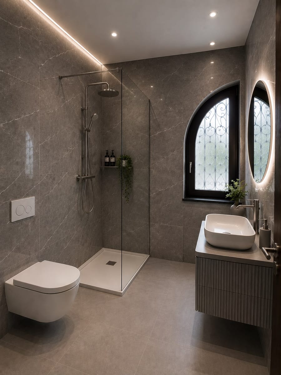 Dopo — ristrutturazione di un bagno moderno con doccia walk-in in vetro e mobile sospeso in Ticino